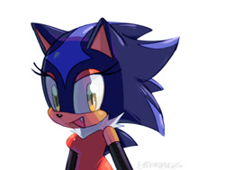 Size: 721x546 | Tagged: safe, artist:emthimofnight, oc, oc:stellar the hedgehog, hedgehog, fankid, looking at viewer, mouth open, oc only, one fang, parent:shadow, parent:sonic, parents:sonadow, signature, simple background, smile, solo, white background