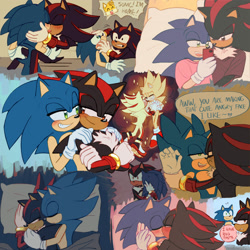Size: 2000x2000 | Tagged: safe, artist:emthimofnight, shadow the hedgehog, sonic the hedgehog, super shadow, super sonic, hedgehog, abstract background, bed, blushing, clothes, dialogue, duo, english text, eyes closed, flying, gay, hands on another's shoulders, holding each other, holding hands, implied tails, kiss, lidded eyes, looking at each other, offscreen character, phone, saliva, shadow x sonic, shipping, shirt, smile, sparkles, speech bubble, super form