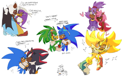 Size: 2048x1271 | Tagged: safe, artist:sonicbooom, amy rose, blaze the cat, jet the hawk, rouge the bat, shadow the hedgehog, silver the hedgehog, sonic the hedgehog, super sonic, wave the swallow, 2024, amy x blaze, english text, gay, group, heart, holding each other, leaning on them, lesbian, pride, shadow x sonic, shipping, simple background, smile, sonilver, sonjet, sparkles, super form, super silver, wavouge, white background