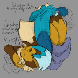 Size: 1000x1000 | Tagged: safe, artist:yu-melon, kit the fennec, miles "tails" prower, 2024, blanket, blueprint, duo, english text, gay, grey background, kitails, older, shipping, simple background, sleeping