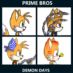 Size: 1080x1080 | Tagged: safe, artist:ttf46, mangey, miles "tails" prower, nine, sails, sonic prime, butterfly, frown, group, literal animal, looking offscreen, mouth open, smile