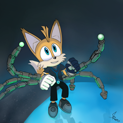 Size: 1407x1407 | Tagged: safe, artist:ttf46, miles "tails" prower, nine, sonic prime, 2024, abstract background, looking up, signature, solo
