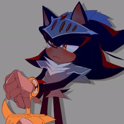 Size: 2048x2048 | Tagged: safe, artist:deadvpoo, shadow the hedgehog, sonic and the black knight, 2024, blushing, frown, grey background, holding something, lidded eyes, looking offscreen, simple background, sir lancelot, solo, standing, sword