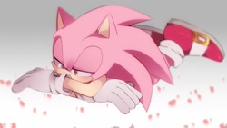 Size: 1280x723 | Tagged: safe, artist:shishirayumi842, sonic the hedgehog, oc, oc:sakura sonic, 2024, arms folded, cherry blossom petals, color swap, gradient background, lidded eyes, looking down, lying down, lying on front, pink fur, solo