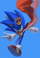 Size: 1414x2048 | Tagged: safe, artist:3i8akira, sonic the hedgehog, 2024, blue background, cape, clenched fist, clenched teeth, crown, king sonic, lineless, looking at viewer, simple background, smile, solo, v sign