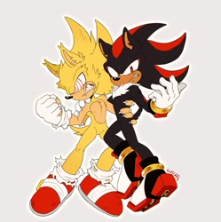 Size: 1194x1200 | Tagged: safe, artist:suautib, shadow the hedgehog, sonic the hedgehog, 2024, angry, arm around shoulders, claws, clenched fist, clenched teeth, duo, fleetway super sonic, grey background, hand on another's hip, holding each other, looking at viewer, looking offscreen, outline, redraw, simple background, standing, super form