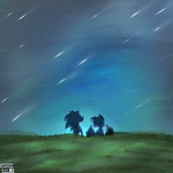 Size: 1080x1080 | Tagged: safe, artist:clumsyyy-kat, miles "tails" prower, sonic the hedgehog, 2024, abstract background, duo, gay, grass, outdoors, shipping, shooting star, signature, sonic x tails