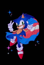 Size: 640x947 | Tagged: safe, artist:glitchedcosmos, sonic the hedgehog, 2024, black background, face paint, flag, holding something, looking at viewer, mid-air, pride, pride flag, simple background, smile, solo, sparkles, top surgery scars, trans male, trans pride, transgender, v sign
