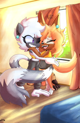 Size: 2012x3072 | Tagged: safe, artist:buddyhyped, tangle the lemur, whisper the wolf, abstract background, alternate outfit, barefoot, bed, curtain, daytime, duo, ear piercing, earring, eye clipping through hair, eyes closed, holding each other, indoors, lesbian, one eye closed, pawpads, shipping, signature, smile, standing, tangle x whisper, window, wrapped in tail