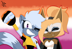 Size: 2048x1397 | Tagged: safe, artist:buddyhyped, tangle the lemur, whisper the wolf, clenched fist, duo, eyes closed, gradient background, lesbian, looking at viewer, one eye closed, one fang, pride, pride flag, pride flag background, shipping, signature, smile, tangle x whisper