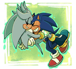 Size: 1942x1752 | Tagged: safe, artist:frostiios, silver the hedgehog, sonic the hedgehog, blushing, cute, duo, eyelashes, eyes closed, flying, gay, holding each other, hugging, psychokinesis, shipping, smile, sonilver