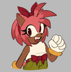 Size: 1155x1172 | Tagged: safe, artist:frostiios, amy rose, alternate eye color, alternate universe, brown eyes, clenched fist, grey background, looking at viewer, mouth open, one fang, simple background, smile, solo