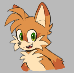 Size: 1061x1049 | Tagged: safe, artist:frostiios, miles "tails" prower, alternate eye color, alternate universe, green eyes, grey background, looking at viewer, mouth open, one fang, simple background, smile, solo