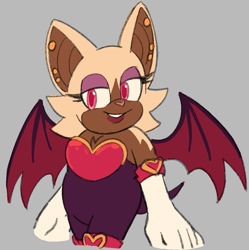 Size: 1361x1366 | Tagged: safe, artist:frostiios, rouge the bat, alternate eye color, alternate universe, cleavage fluff, ear piercing, earring, grey background, heart nose, looking at viewer, pink eyes, pink nose, simple background, smile, solo