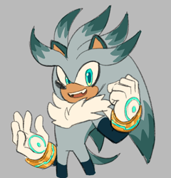 Size: 1292x1346 | Tagged: safe, artist:frostiios, silver the hedgehog, alternate eye color, alternate universe, blue eyes, fangs, grey background, looking at viewer, mouth open, simple background, smile, solo