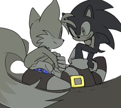 Size: 1239x1106 | Tagged: safe, artist:dochisukiovo, miles "tails" prower, sonic the hedgehog, 2024, duo, kneeling, looking at each other, simple background, smile, white background