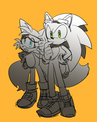 Size: 1000x1252 | Tagged: safe, artist:yell0w_d0, miles "tails" prower, sonic the hedgehog, duo, monochrome, orange background, simple background, sonic riders, standing