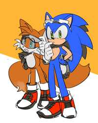 Size: 1000x1252 | Tagged: safe, artist:yell0w_d0, miles "tails" prower, sonic the hedgehog, duo, orange background, simple background, standing