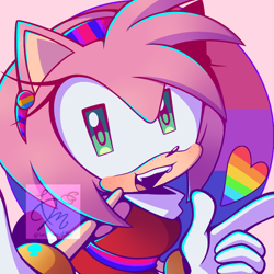 Size: 768x768 | Tagged: safe, artist:lm-tomatito, amy rose, 2024, bisexual pride, freckles, gay pride, heart, looking at viewer, mouth open, pansexual pride, pointing, pride, smile, solo, watermark