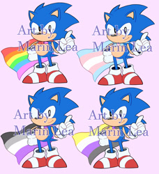 Size: 2048x2246 | Tagged: safe, artist:marin lea, sonic the hedgehog, 2024, asexual pride, cape, classic sonic, gay pride, looking at viewer, nonbinary pride, obtrusive watermark, pink background, pride, simple background, smile, solo, standing, trans pride, watermark