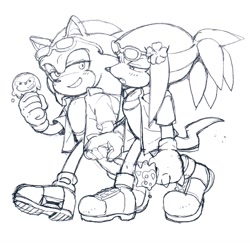 Size: 1167x1133 | Tagged: safe, artist:sk_rokuro, knuckles the echidna, sonic the hedgehog, 2024, beach outfit, blushing, duo, gay, holding hands, holding something, ice cream, knuxonic, lidded eyes, line art, looking at each other, shipping, smile, sonic ice cream, walking