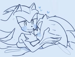 Size: 2048x1554 | Tagged: safe, artist:miko_sonic, shadow the hedgehog, sonic the hedgehog, 2024, bed, blue background, blushing, cute, duo, gay, gloves off, heart, holding each other, line art, looking at each other, shadow x sonic, shipping, simple background, smile