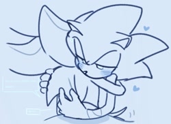 Size: 1679x1225 | Tagged: safe, artist:miko_sonic, shadow the hedgehog, sonic the hedgehog, 2024, blue background, blushing, cute, dialogue, duo, english text, gay, heart, hugging, lidded eyes, line art, shadow x sonic, shipping, simple background, sitting, speech bubble, wagging tail