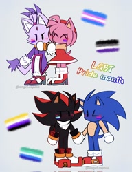 Size: 1574x2048 | Tagged: safe, artist:angelraposaofc, amy rose, blaze the cat, shadow the hedgehog, sonic the hedgehog, 2024, amy x blaze, amybetes, asexual pride, bisexual, bisexual pride, blazebetes, blushing, cute, eyes closed, face paint, gay, grey background, group, holding hands, hugging, lesbian, mlm pride, nonbinary, nonbinary pride, pride, shadow x sonic, shadowbetes, shipping, simple background, sonabetes, standing, trans pride, wink