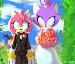 Size: 1372x1172 | Tagged: safe, artist:quinti13, amy rose, blaze the cat, cat, hedgehog, 2024, amy x blaze, blushing, bouquet, cute, female, females only, lesbian, looking at viewer, shipping, wedding dress, wedding suit