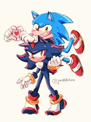 Size: 1536x2048 | Tagged: safe, artist:gunstellations, shadow the hedgehog, sonic the hedgehog, 2024, blushing, duo, gay, heart, heart hands, looking at viewer, shadow x sonic, shipping, signature, simple background, smile, standing, white background