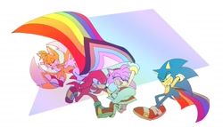 Size: 2048x1170 | Tagged: safe, artist:sath_chocowal, amy rose, knuckles the echidna, miles "tails" prower, sonic the hedgehog, 2024, cape, gay pride, group, holding something, pride, progress pride, smile