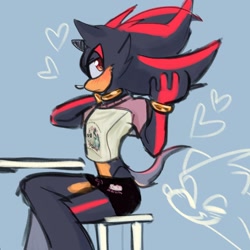 Size: 1280x1280 | Tagged: safe, artist:k_pchellka, shadow the hedgehog, sonic the hedgehog, 2024, alternate outfit, blue background, blushing, branded clothes, duo, femboy, gay, heart, hello kitty, looking at viewer, sanrio, shadow x sonic, shipping, simple background, sitting, solo focus