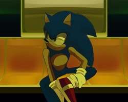 Size: 2048x1638 | Tagged: safe, artist:berry_inkjam, sonic the hedgehog, 2024, abstract background, looking offscreen, sitting, smile, solo
