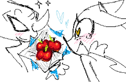 Size: 725x469 | Tagged: safe, artist:hidigrade, espio the chameleon, silver the hedgehog, 2024, apple, blushing, bouquet, duo, gay, heart, heart eyes, holding something, line art, looking at them, shipping, silvio, smile, sparkles, tears of happiness