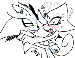 Size: 855x663 | Tagged: safe, artist:hidigrade, espio the chameleon, silver the hedgehog, blushing, duo, exclamation mark, gay, holding each other, line art, mouth open, question mark, saliva, saliva trail, shipping, silvio, simple background, smile, standing, sweatdrop, tongue out, white background
