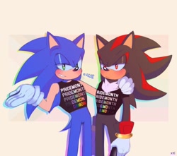 Size: 2048x1807 | Tagged: safe, artist:shady_tr, shadow the hedgehog, sonic the hedgehog, 2024, arm around shoulders, blushing, duo, frown, gay, gay pride, lidded eyes, looking at viewer, pride, shadow x sonic, shipping, shirt, signature, smile, standing, words on a shirt