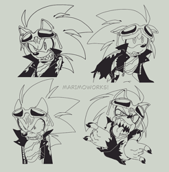 Size: 840x852 | Tagged: safe, artist:scourgefrontier, scourge the hedgehog, 2024, devil horns (gesture), expression sheet, frown, grey background, line art, sharp teeth, simple background, smile, solo