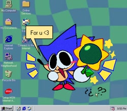 Size: 964x842 | Tagged: safe, artist:kirby-popstar, sonic the hedgehog, oc, oc:sonk, 2024, abstract background, flower, offering flower, smile, solo, star (symbol), sunflower, windows 95