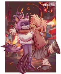Size: 881x1063 | Tagged: safe, artist:maipeikko, amy rose, blaze the cat, 2024, :3, alternate outfit, amy x blaze, amybetes, blazebetes, blushing, border, cute, duo, fangs, hugging, lesbian, nighttime, outdoors, shipping, signature, smile, standing