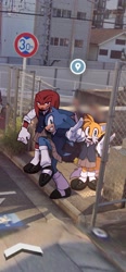 Size: 947x2048 | Tagged: safe, artist:kumo_zd, knuckles the echidna, miles "tails" prower, sonic the hedgehog, 2024, crossdressing, femboy, looking at viewer, redraw, school uniform, schoolgirl outfit, smile, standing, team sonic, trio