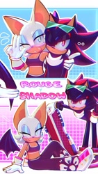 Size: 736x1308 | Tagged: safe, artist:lolaluflores, rouge the bat, shadow the hedgehog, 2024, arm around shoulders, character name, duo, extreme gear, frown, outline, riders outfit, sitting, smile, sonic riders, standing, wink