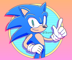 Size: 666x556 | Tagged: safe, artist:tibatuka, sonic the hedgehog, 2024, gradient background, looking at viewer, pointing, signature, smile, solo, standing