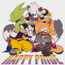 Size: 1400x1400 | Tagged: safe, artist:maskofnova, surge the tenrec, tangle the lemur, whisper the wolf, 2024, bisexual, bisexual pride, devil horns (gesture), gay pride, grey background, heart, heart hands, kneeling, lesbian, lesbian pride, looking at viewer, pansexual, pansexual pride, polyamorous pride, polyamory, pride, shipping, simple background, smile, surge x tangle, tangle x whisper, tangle x whisper x surge, tongue out, trio, whisper x surge, wink