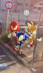 Size: 1210x2048 | Tagged: safe, artist:grimmie02, knuckles the echidna, miles "tails" prower, sonic the hedgehog, 2024, cute, eyes closed, looking at viewer, redraw, smile, team sonic, trio