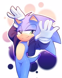 Size: 1638x2048 | Tagged: safe, artist:kazuna_endi, sonic the hedgehog, 2024, jacket, lidded eyes, looking at viewer, outline, signature, smile, solo, standing