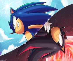 Size: 2048x1706 | Tagged: safe, artist:trizziefrizzie, shadow the hedgehog, sonic the hedgehog, sonic adventure 2, 2024, abstract background, duo, frown, live and learn, looking offscreen, smile, two sides