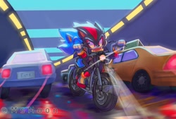 Size: 1424x963 | Tagged: safe, artist:ms_0102004, shadow the hedgehog, sonic the hedgehog, 2024, abstract background, car, duo, gay, motorcycle, outdoors, shadow x sonic, shipping, signature
