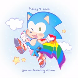Size: 2048x2048 | Tagged: safe, artist:toketsuu, sonic the hedgehog, 2024, blushing, clouds, cute, english text, flag, gay pride, heart, heart tongue, holding something, mouth open, pride, progress pride, smile, soap shoes, solo, sonabetes, star (symbol), wink