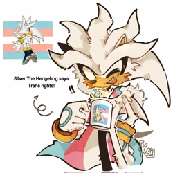 Size: 2048x2048 | Tagged: safe, artist:k4i__xx, silver the hedgehog, 2024, cape, cute, english text, exclamation mark, fluffy, holding something, looking at viewer, mouth open, mug, pride, pride flag, reference inset, silvabetes, simple background, smile, solo, trans pride, trans rights, white background, wink