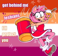 Size: 2048x1985 | Tagged: safe, artist:cheezy_picklezz, amy rose, amybetes, english text, heart, holding something, lesbian pride, meme, outline, piko piko hammer, pride, pride flag, pride flag background, redraw, smile, solo, star (symbol)